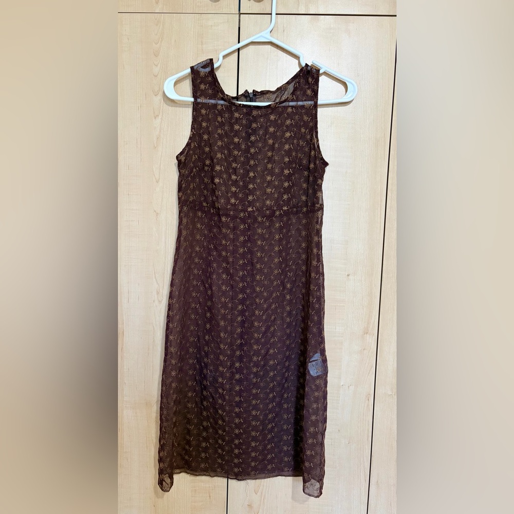 Vintage Japanese brand Sleeveless embroider Brown  Lace Dress mesh
